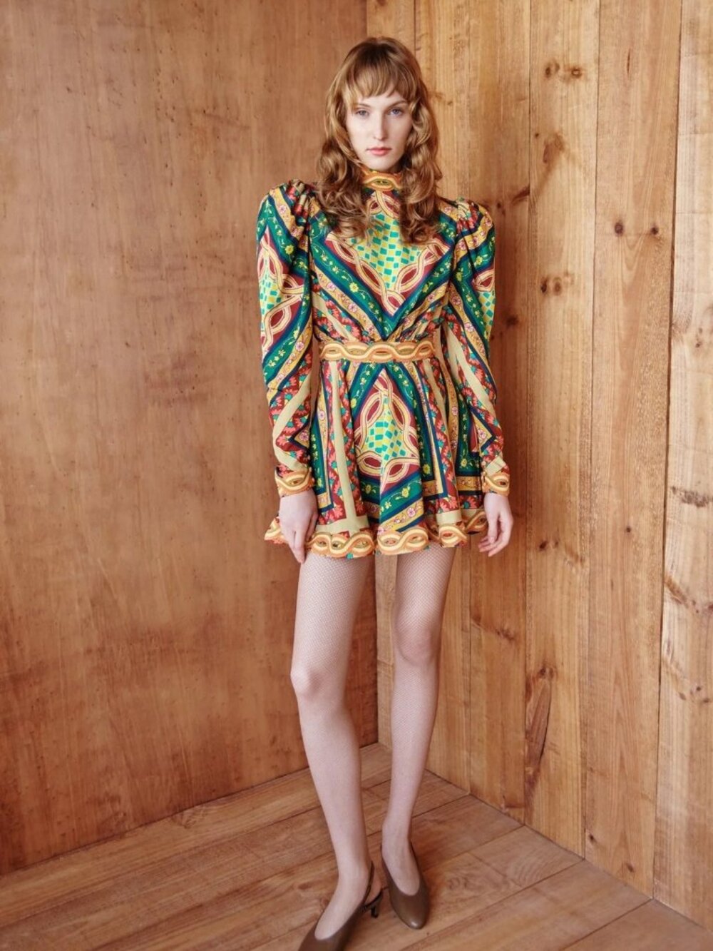 CeliaB Botan Mini Dress Sz S High Neck Bold Novelty Print Puff Sleeve 70s Boho